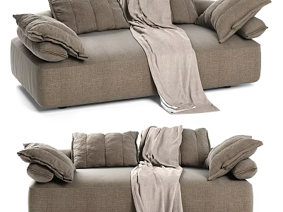 Cozy Light Brown Two Seater Sofa With Multiple Cushions And Blanket 3d model