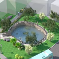 Scenic Circular Water Fountain Surrounded by Lush Trees Green Lawns and Walking Path in Park