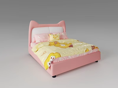 Kids Bed with Pink Cat Ear Headboard Yellow Bedspread and Cute Little Yellow Duck Patterns 3d model
