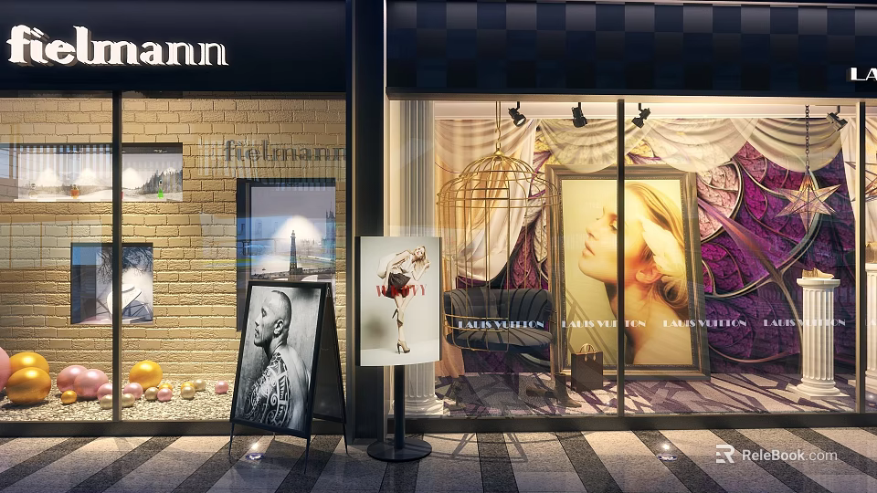 Rathmann Shop Window Display With Brick Wall Curtain Lighting And Female Portrait Posters 3d model 