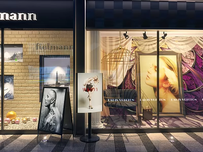 Rathmann Shop Window Display With Brick Wall Curtain Lighting And Female Portrait Posters 3d model