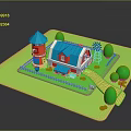Colorful Farm Barn Building with Blue Roof White Fence Green Grass Windmill and Trees
