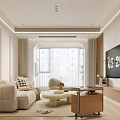 Modern Living Room Beige Sofa Round Coffee Table Wall TV Window Curtains And Decorations