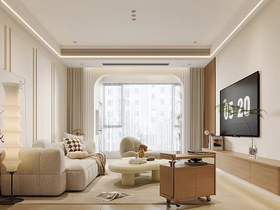 Modern Living Room Beige Sofa Round Coffee Table Wall TV Window Curtains And Decorations 3d model