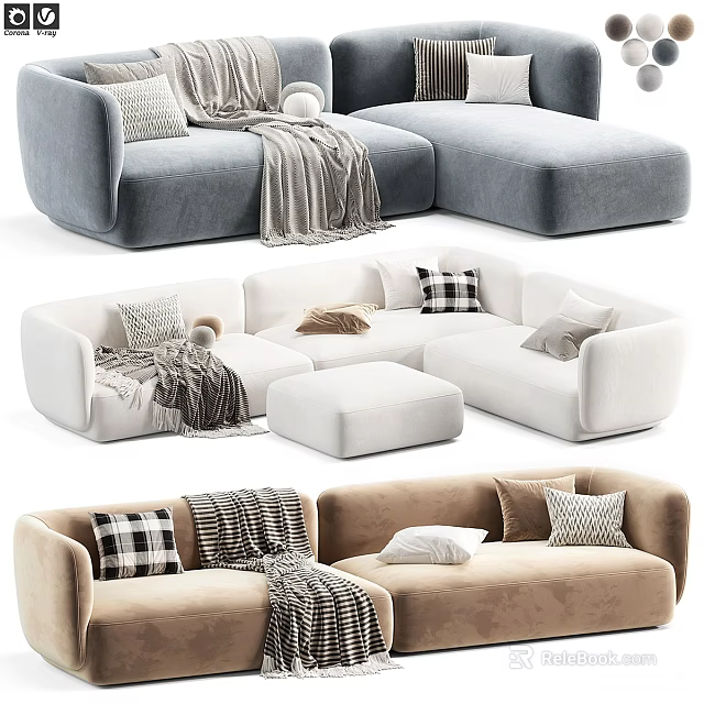 Stylish Modern Cozy Sectional Sofa with Soft Throws Plush Pillows and Matching Ottoman 3d model 