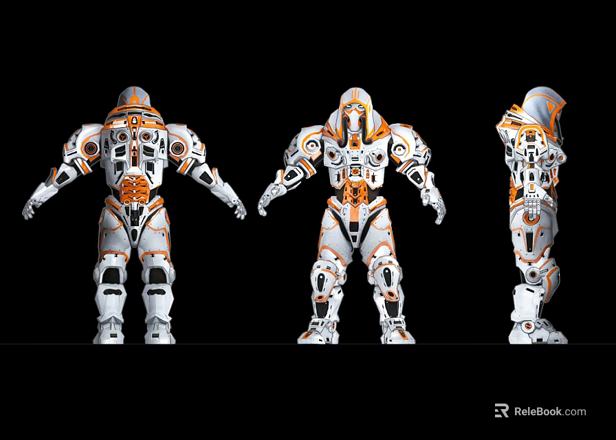 Intelligent Machine Three Angles View With White And Orange Robotic Armor Mechanical Structure 3d model 
