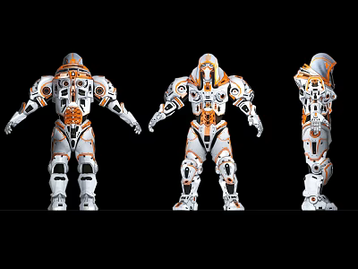 Intelligent Machine Three Angles View With White And Orange Robotic Armor Mechanical Structure 3d model