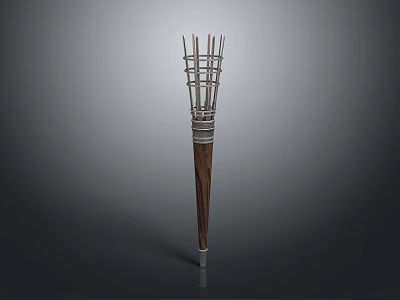 Torch Shaped Household Item With Metal Grid Top And Wooden Handle 3d model