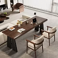 Modern Wooden Desk with Laptop Vase Flowers Magazine Tray and Two Chairs in Living Room