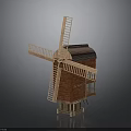 Wooden Windmill Model With Red Brick Walls And Rotating Blades Structure