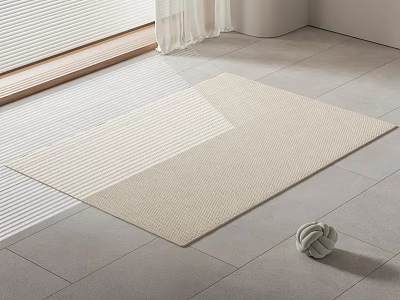 Neutral Woven Square Rug On Gray Tile Floor Near Window With White Blinds And Decorative Ball 3d model