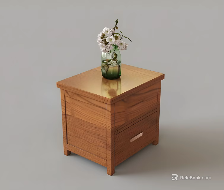 Wooden Nightstand With Smooth Surface And Green Vase Holding White Flowers 3d model 