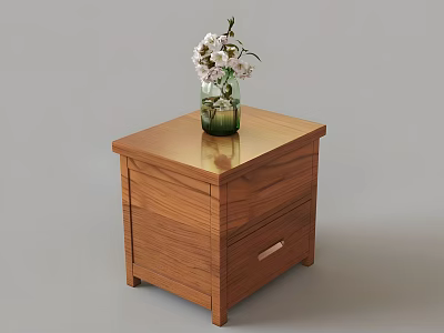 Wooden Nightstand With Smooth Surface And Green Vase Holding White Flowers 3d model