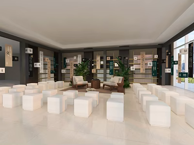 Modern Indoor Floral Art Display With White Cube Seats Green Plants And Display Shelves 3d model