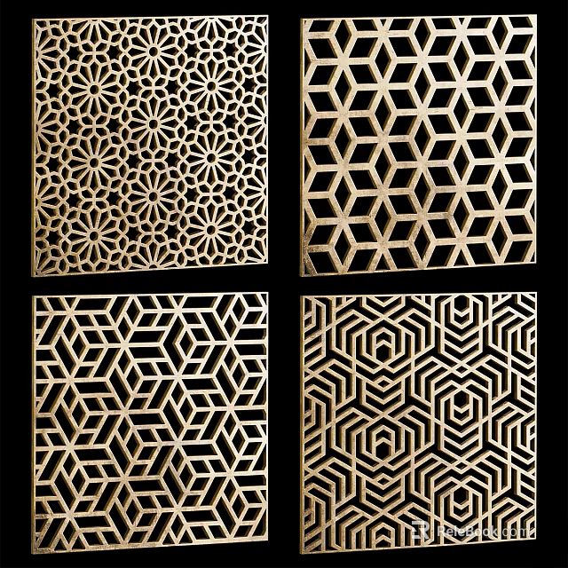 Geometric Laser Cut Wall Decor With Intricate Patterns And Gold Black Design 3d model