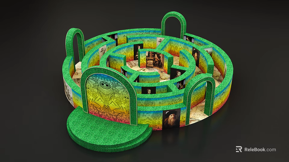 Circular Maze Play Equipment With Green Arches Colorful Walls And Decorative Paintings 3d model 