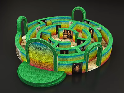 Circular Maze Play Equipment With Green Arches Colorful Walls And Decorative Paintings 3d model