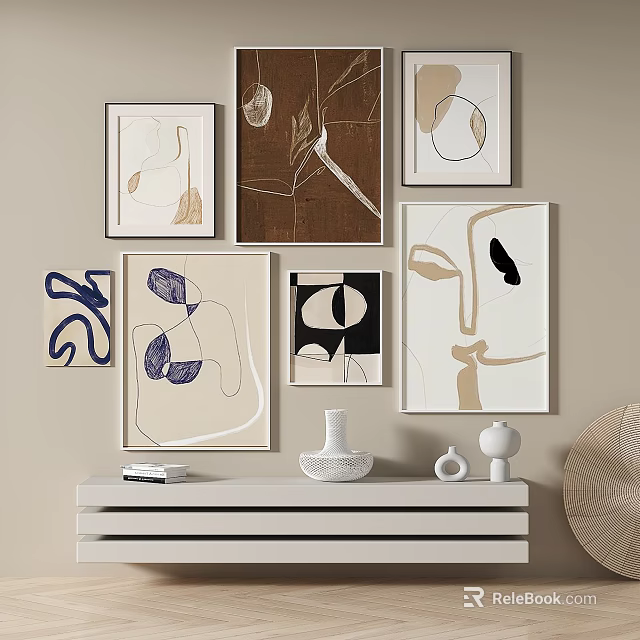 Abstract Paintings Wall Decor with Console Table Vase and Decorative Items 3d model