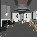 Modern Dark Toned Restaurant Interior With Pendant Lights Round Tables Green Plants And Windows