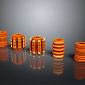 Five Decorative Orange Cylindrical Storage Rolls With Different Designs Stripes Holes And Shiny Surface 3d model