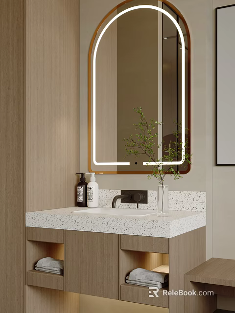 Modern Washbasin With LED Backlit Mirror Speckled Countertop Wooden Cabinet Soap Bottle And Green Plant 3d model 