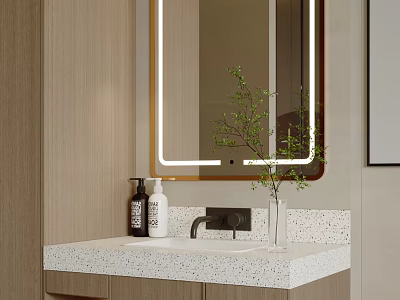 Modern Washbasin With LED Backlit Mirror Speckled Countertop Wooden Cabinet Soap Bottle And Green Plant 3d model