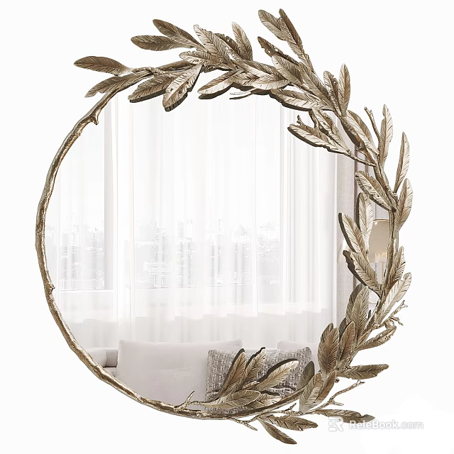 Decorative Round Mirror With Golden Leaf Frame Design And White Curtains Background 3d model 
