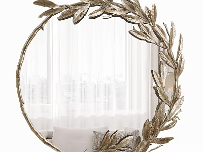 Decorative Round Mirror With Golden Leaf Frame Design And White Curtains Background 3d model
