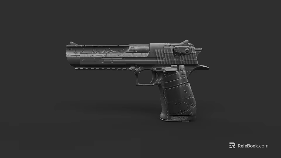 Detailed Black Pistol 3D Model With Engraved Texture On Dark Background 3d model 