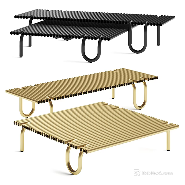 Modern Coffee Table Designs With Black And Gold Metal Frames And Slatted Tops 3d model 