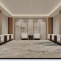 Elegant Chinese Style Conference Room With Symmetric Seats Landscape Painting And Patterned Carpet