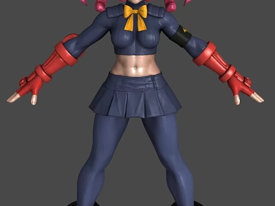 3D Anime Character With Pink Pigtails Yellow Bow Blue Uniform Red Gloves And Pleated Skirt 3d model