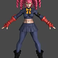 3D Anime Character With Pink Pigtails Yellow Bow Blue Uniform Red Gloves And Pleated Skirt