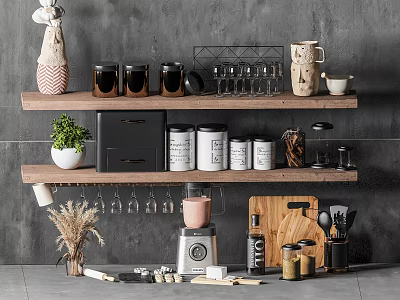 Kitchen Utensils on Wooden Shelves with Jars Blender Knives Cutting Board and Green Plant Decor 3d model