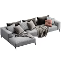 Cozy Gray Sectional Sofa With Plaid Pattern Pillows And Soft Blanket 3d model