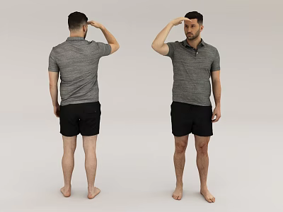 Man In Gray Polo Shirt And Black Shorts Salute Pose Front Back Views 3d model