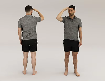 Man In Gray Polo Shirt And Black Shorts Salute Pose Front Back Views 3d model