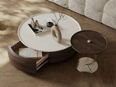 Modern Round Coffee Table With White Top Drawer And Wooden Side Table 3d model