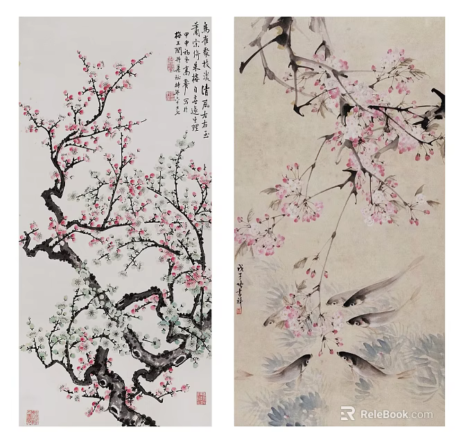 Chinese Traditional Paintings Featuring Plum Blossoms Cherry Blossoms And Fish 3d model 