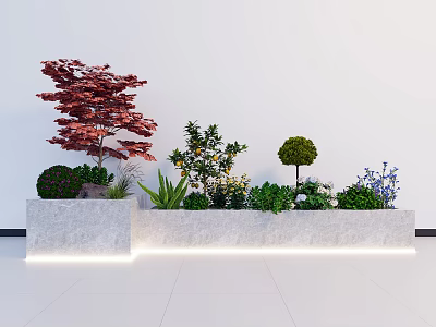 Garden Decor Featuring Illuminated White Stone Planters Red Maple Green Shrubs Yellow Blue Flowers 3d model