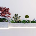 Garden Decor Featuring Illuminated White Stone Planters Red Maple Green Shrubs Yellow Blue Flowers