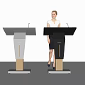 Modern Gray And Black Podiums With Wooden Base And Microphones Woman Standing