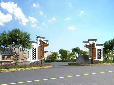 Traditional Chinese Entrance Gate With Classic Roof Design And Surrounding Green Trees 3d model