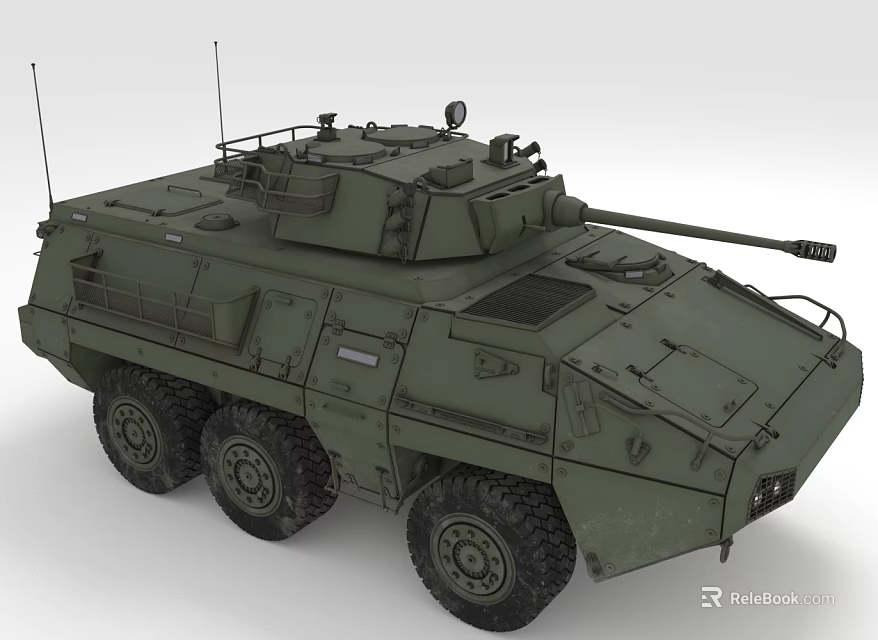 Armored Green Military Vehicle With 6 Wheeled Design Top Mounted Weapon And Antennas 3d model 
