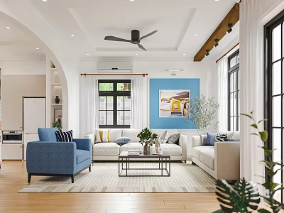 Bright Living Dining Room With Blue Wall Sofa Coffee Table And Ceiling Fan 3d model