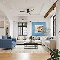 Bright Living Dining Room With Blue Wall Sofa Coffee Table And Ceiling Fan