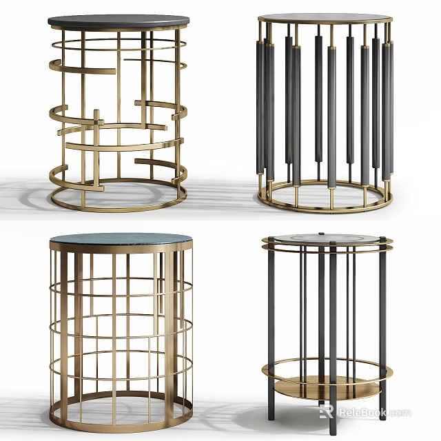 Modern Round Side Tables With Metal Frame Grid Vertical Bar Designs And Gold Black Finishes 3d model 