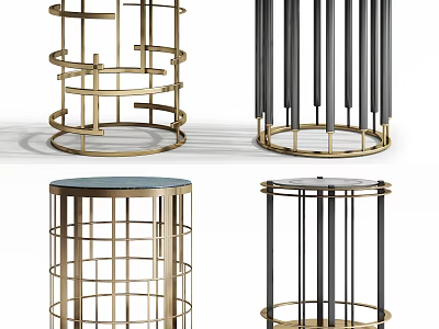 Modern Round Side Tables With Metal Frame Grid Vertical Bar Designs And Gold Black Finishes 3d model