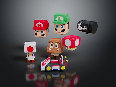 Pixel Style Mario Character Dolls with Mushroom and Racing Car Accessories in Colorful Design 3d model
