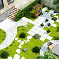 Beautiful Garden Landscape With Green Lawn Stone Path And Outdoor Seating Area